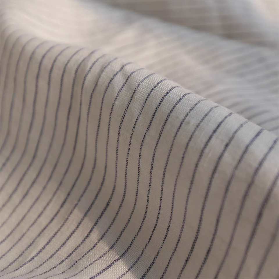 Navy Blue Pinstripe Linen Fabric, Medium Weight, Stone Washed, 110 Inch Width