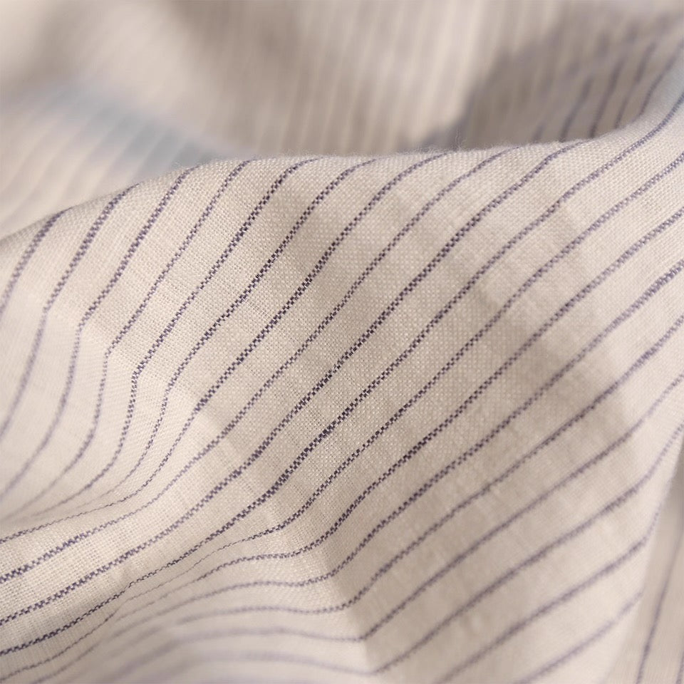 Navy Blue Pinstripe Linen Fabric, Medium Weight, Stone Washed, 110 Inch Width