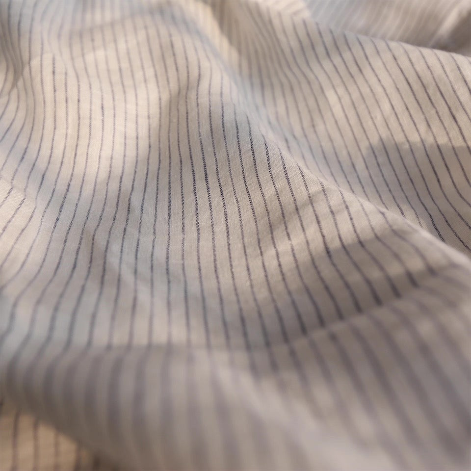 Navy Blue Pinstripe Linen Fabric, Medium Weight, Stone Washed, 110 Inch Width