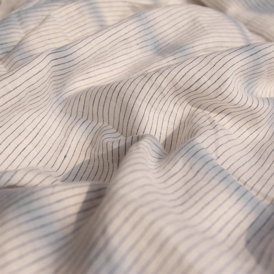 Navy Blue Pinstripe Linen Fabric, Medium Weight, Stone Washed, 110 Inch Width