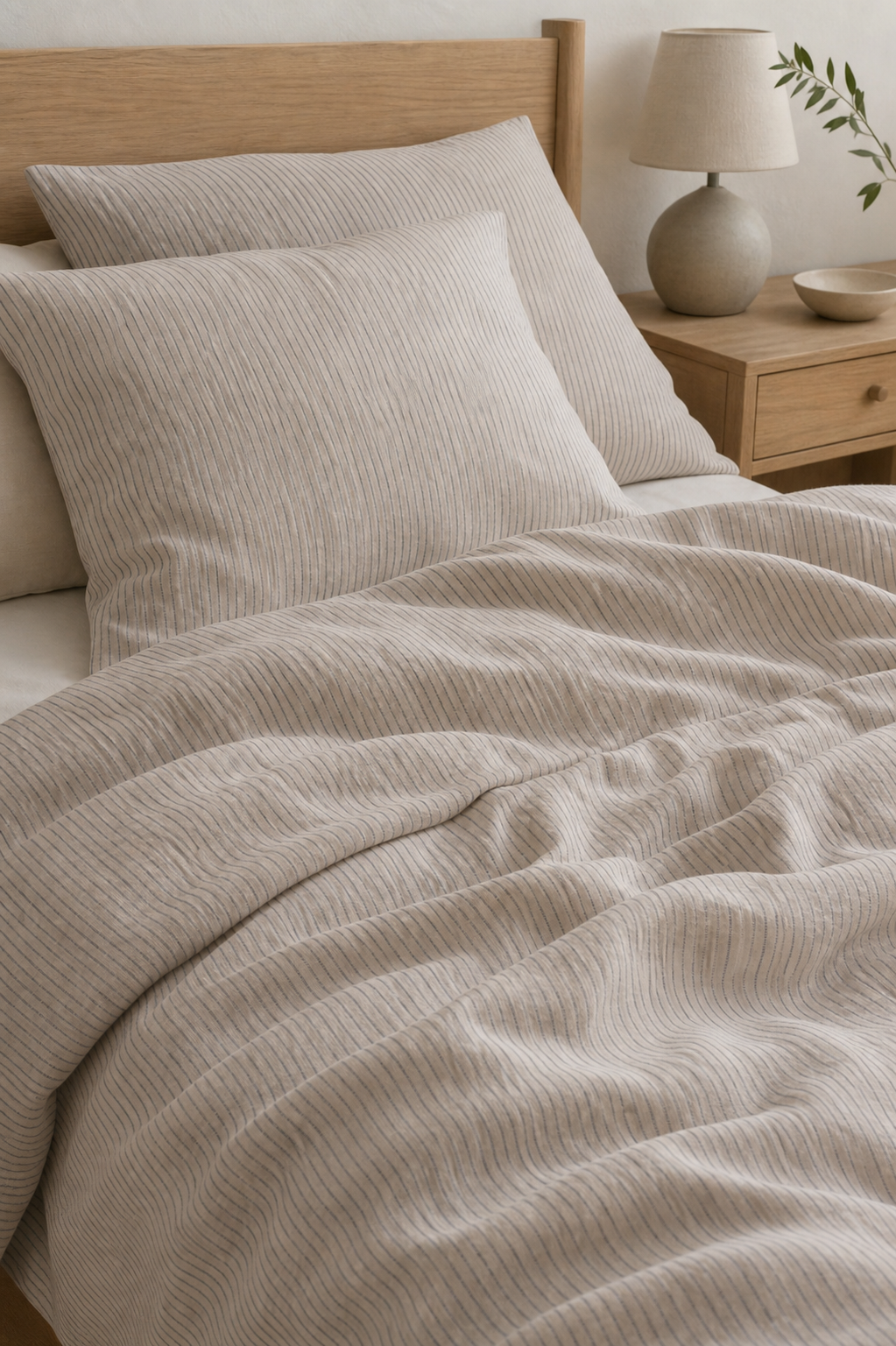 Navy Blue Pinstripe Linen Fabric, Medium Weight, Stone Washed, 110 Inch Width - lifestyle scene