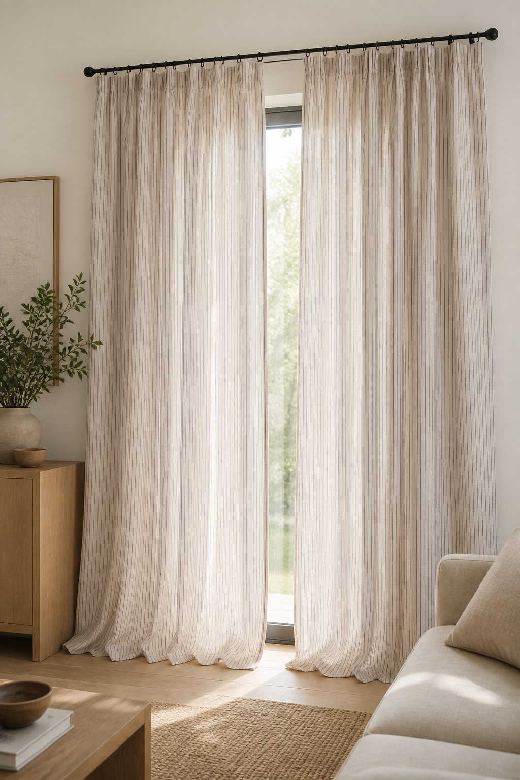 Navy Blue Pinstripe Linen Fabric, Medium Weight, Stone Washed, 110 Inch Width - lifestyle scene