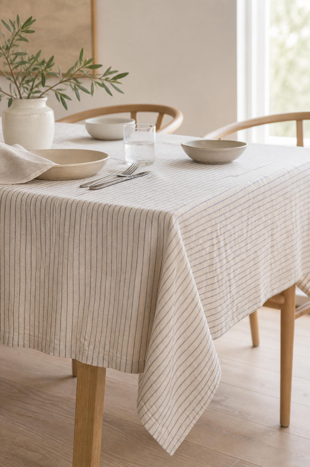 Navy Blue Pinstripe Linen Fabric, Medium Weight, Stone Washed, 110 Inch Width - lifestyle scene