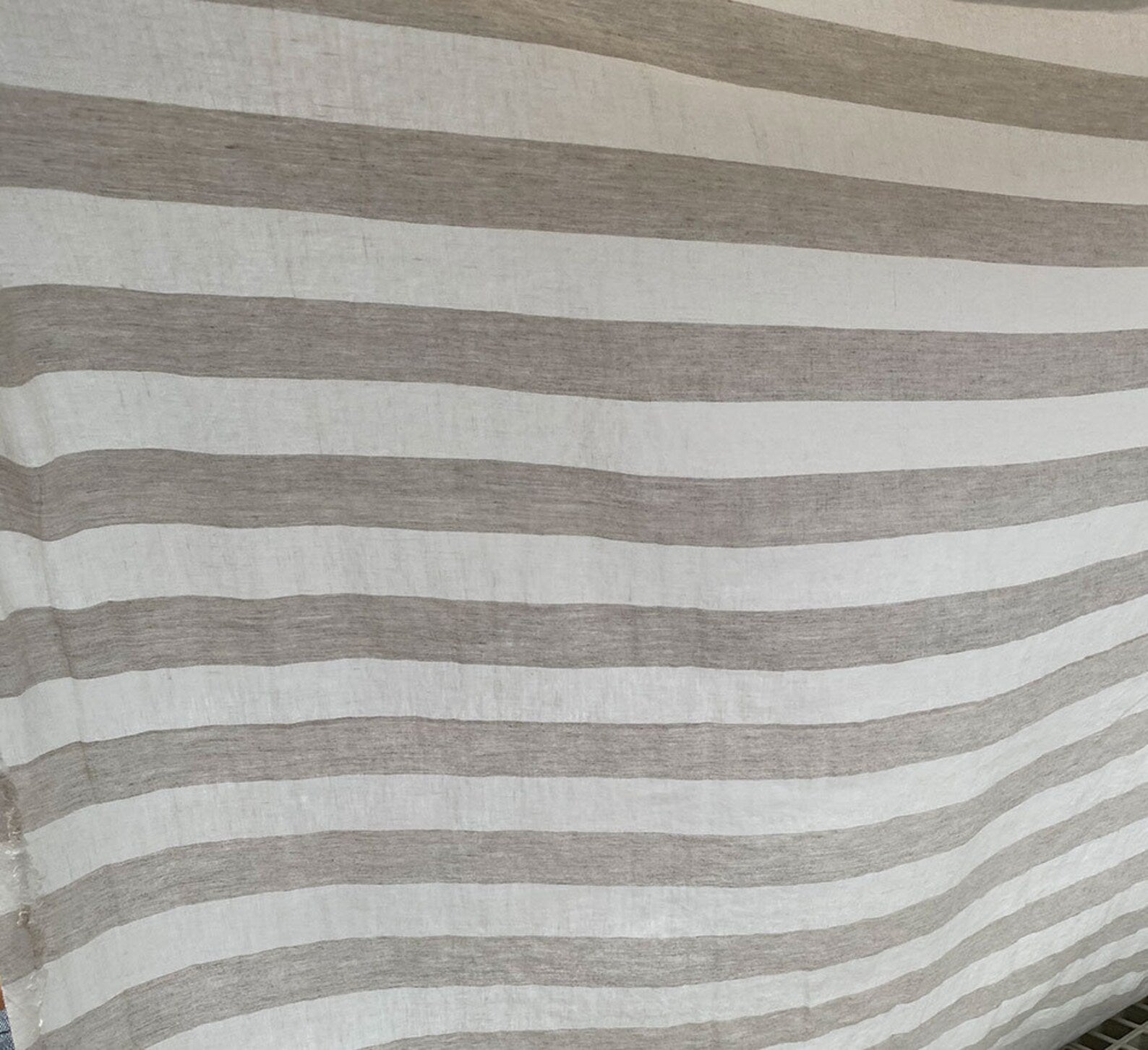 Natural Gray Wide Stripe Linen Fabric, Medium Weight, Stone Washed, 110 Inch Width