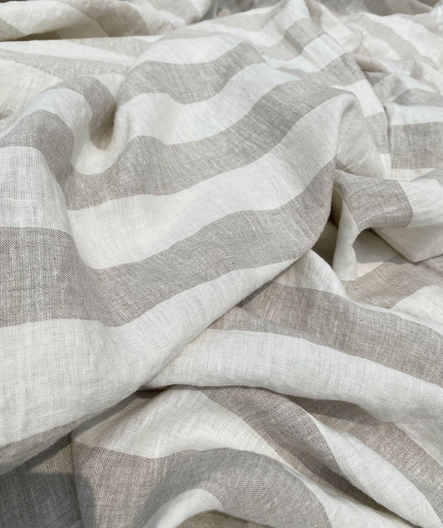 Natural Gray Wide Stripe Linen Fabric, Medium Weight, Stone Washed, 110 Inch Width