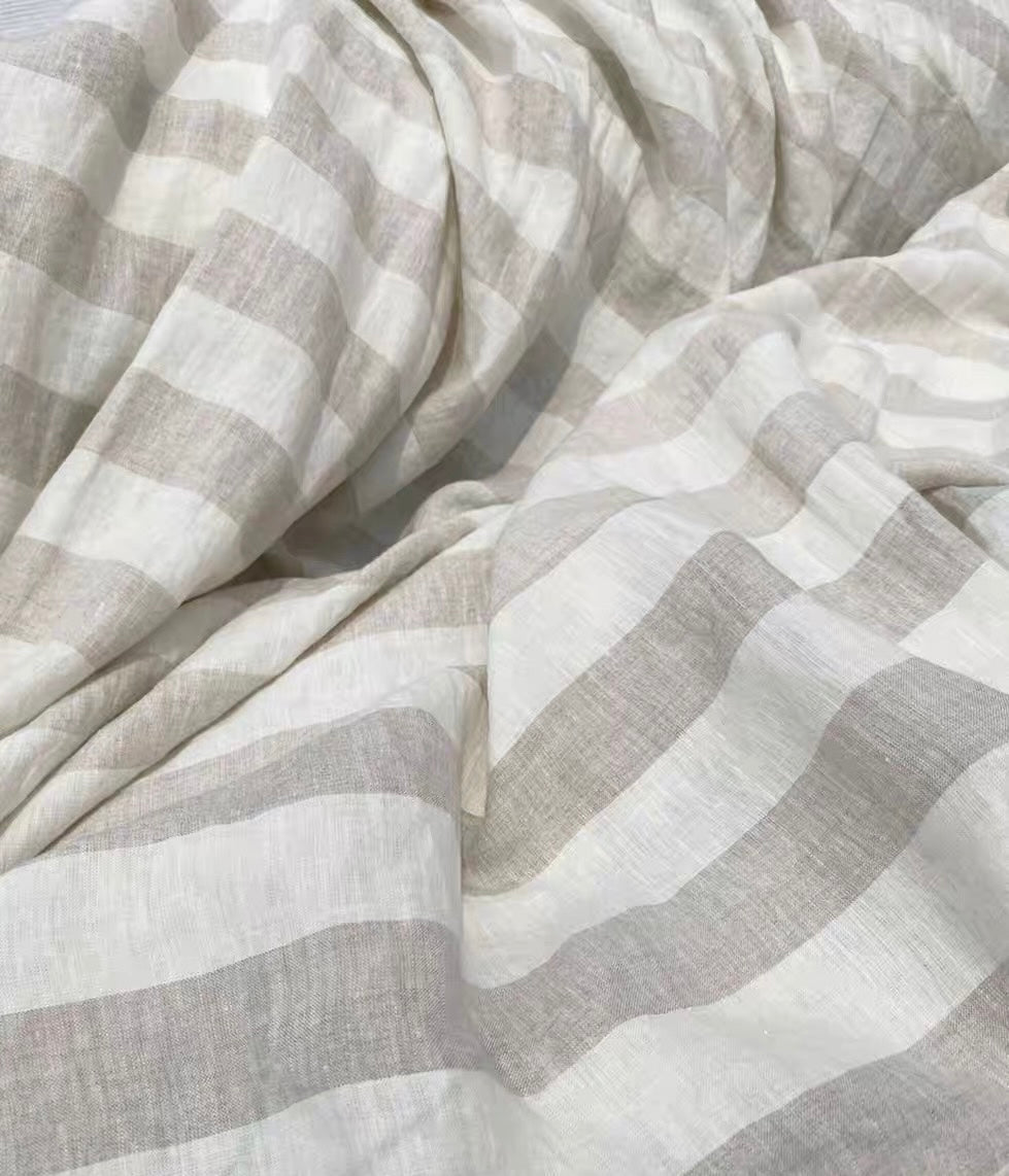 Natural Gray Wide Stripe Linen Fabric, Medium Weight, Stone Washed, 110 Inch Width
