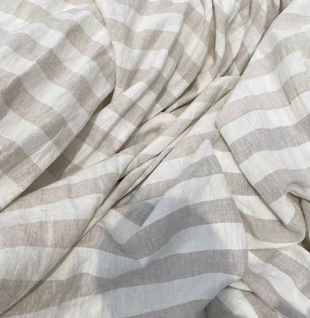 Natural Gray Wide Stripe Linen Fabric, Medium Weight, Stone Washed, 110 Inch Width