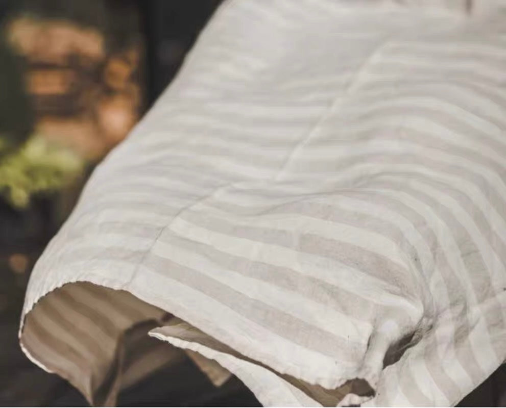 Natural Gray Wide Stripe Linen Fabric, Medium Weight, Stone Washed, 110 Inch Width