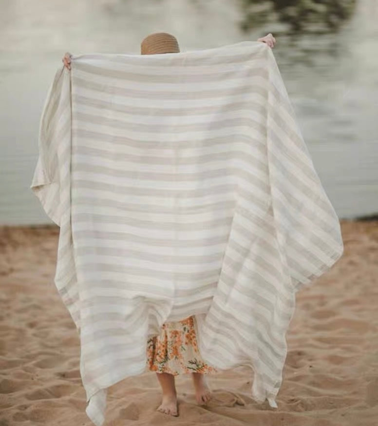 Natural Gray Wide Stripe Linen Fabric, Medium Weight, Stone Washed, 110 Inch Width