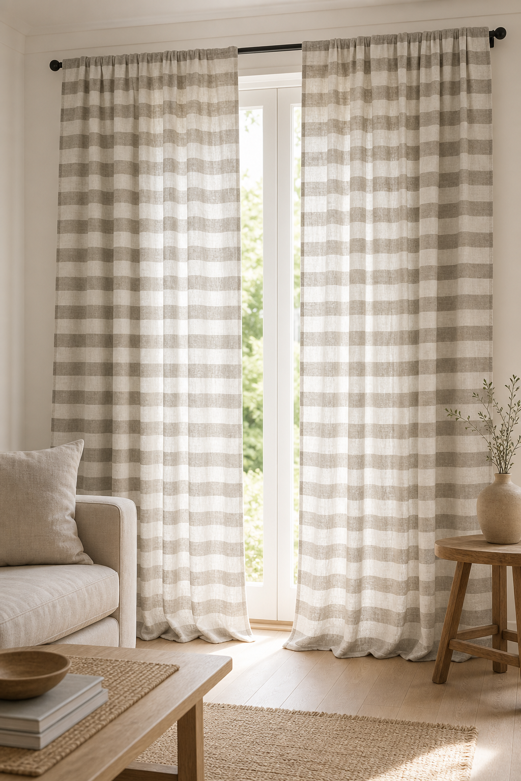 Natural Gray Wide Stripe Linen Fabric, Medium Weight, Stone Washed, 110 Inch Width - lifestyle scene
