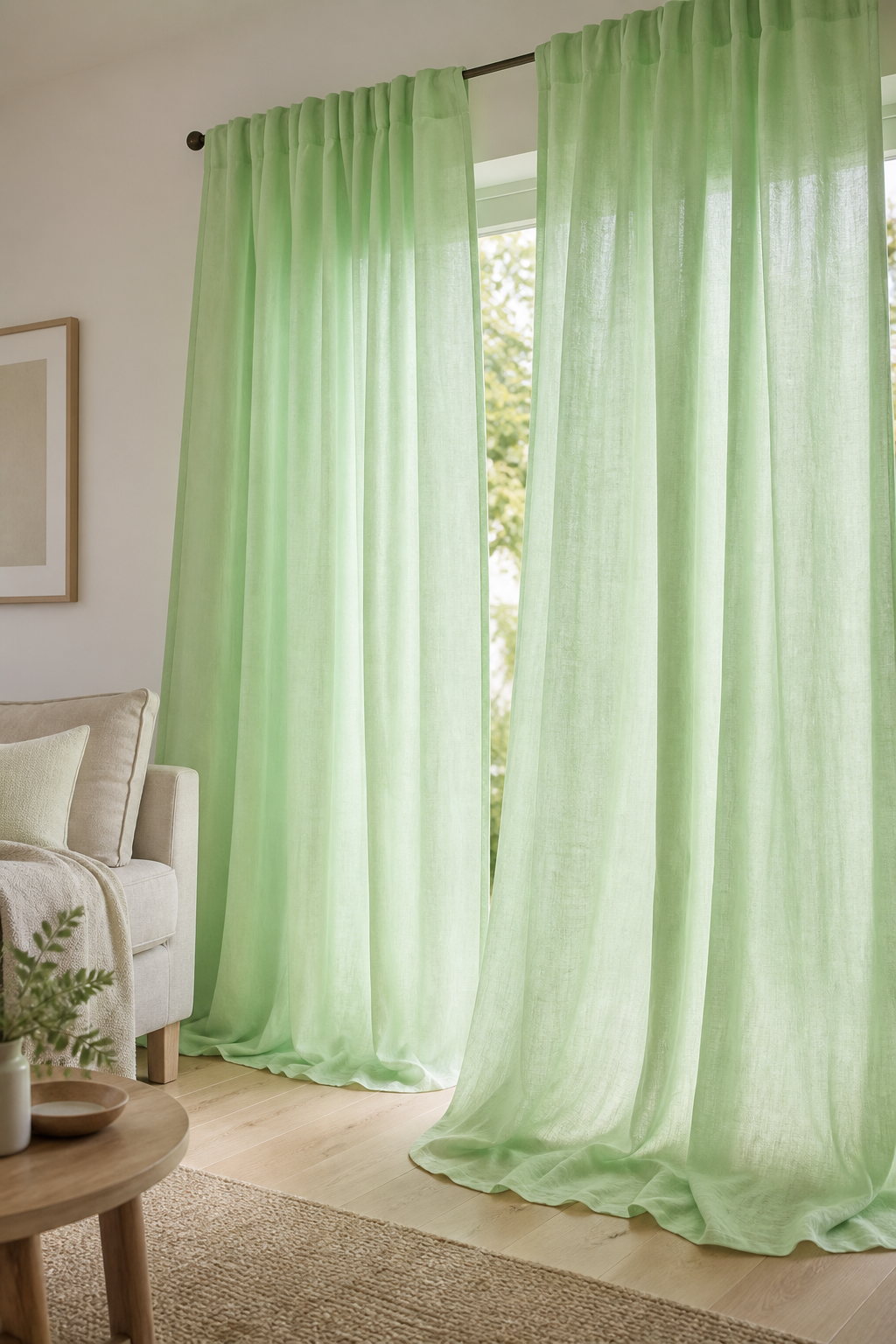 Mint Green Pure Linen Fabric, Medium Weight, Pre-Washed, 110 Inch Width