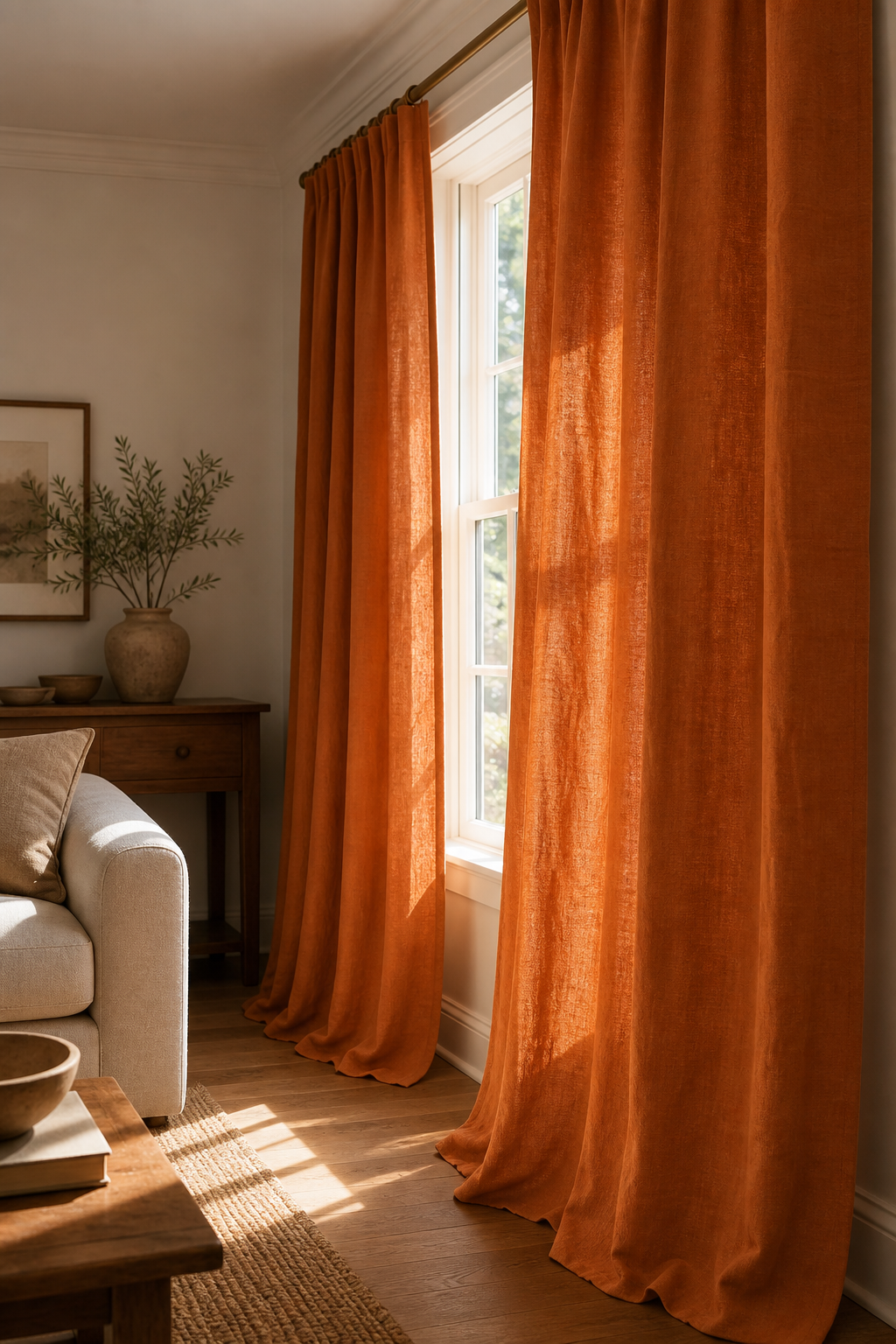 Burnt Orange Linen Fabric by the Meter, Medium Weight, Pre-Washed, Extra Wide 110 Inch