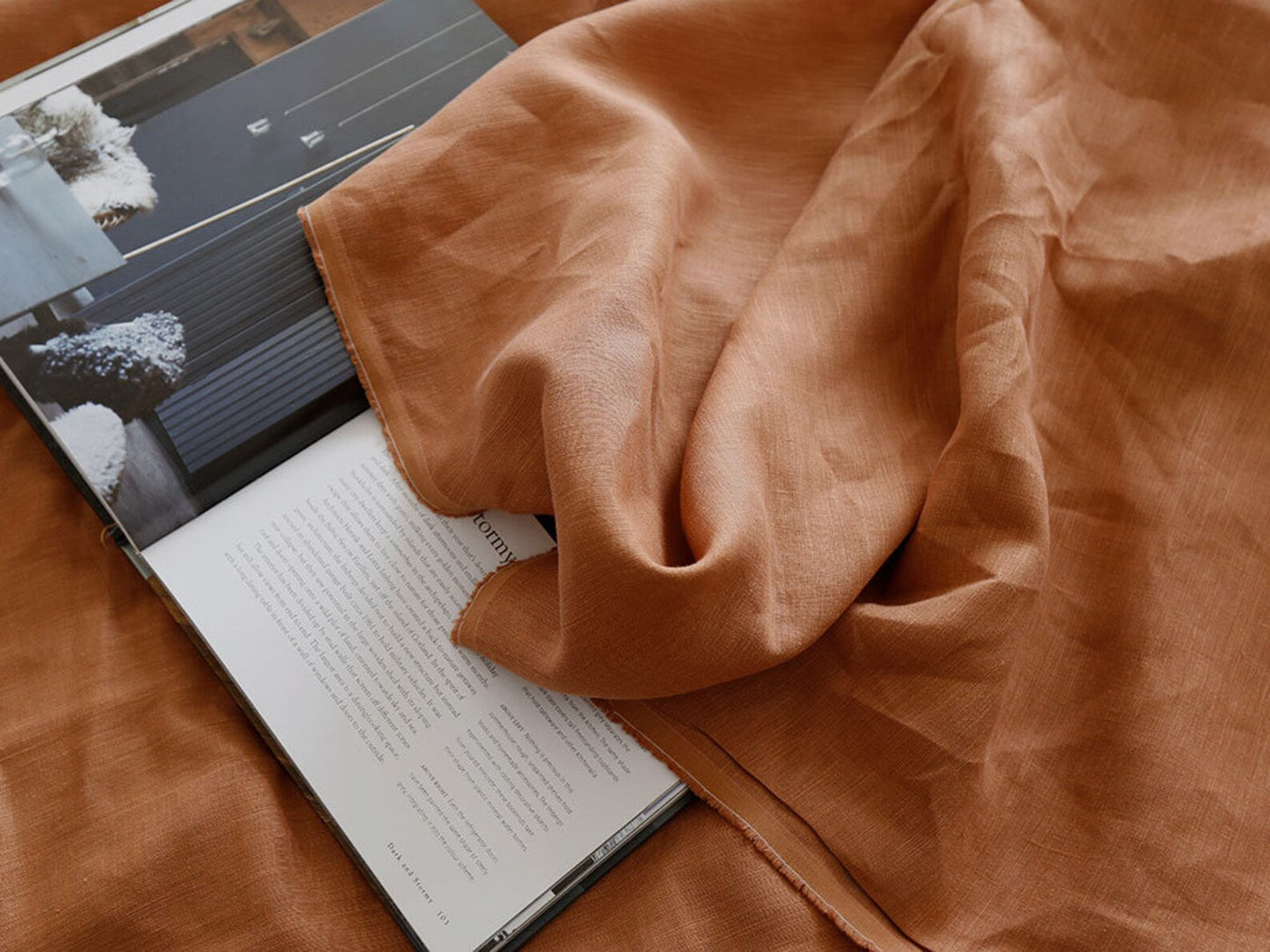 Caramel Brown Linen Fabric by the Meter, Medium Weight, Pre-Washed, Extra Wide 110 Inch