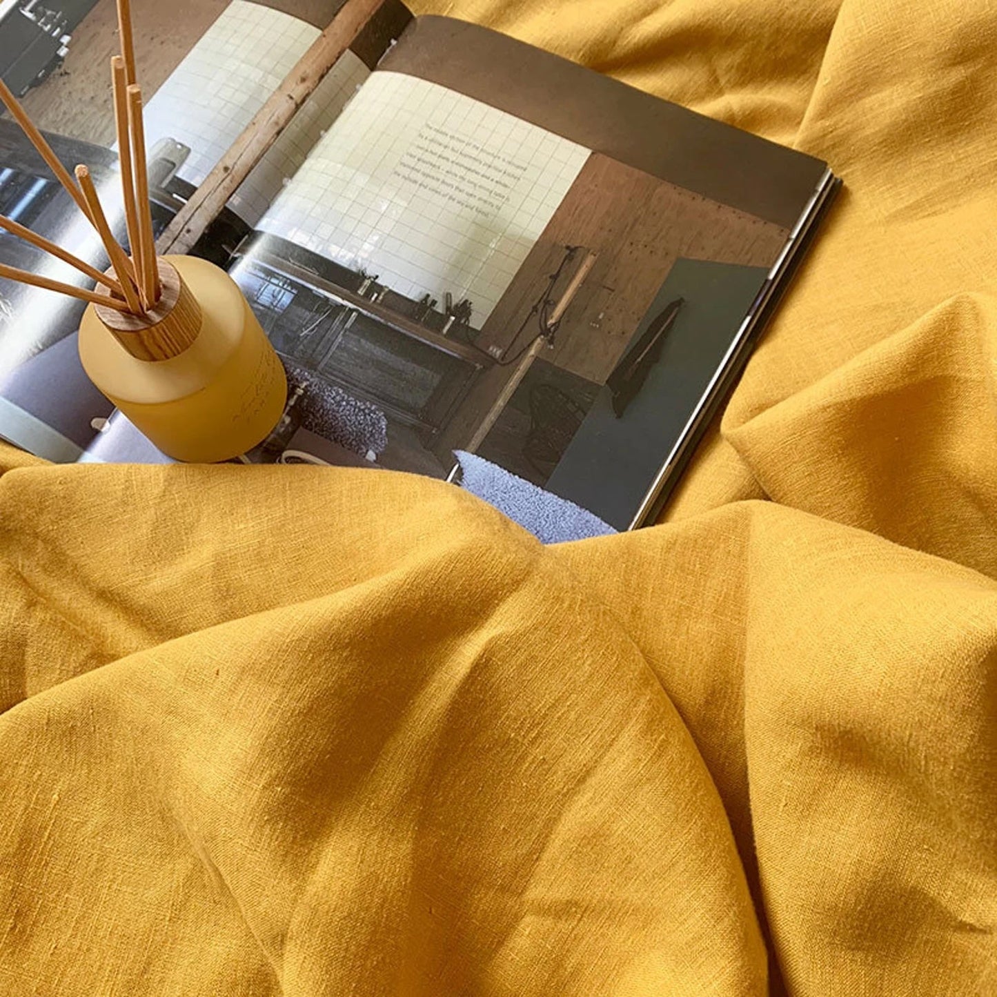 Golden Mustard Linen Fabric by the Meter, Medium Weight, Pre-Washed, Extra Wide 110 Inch