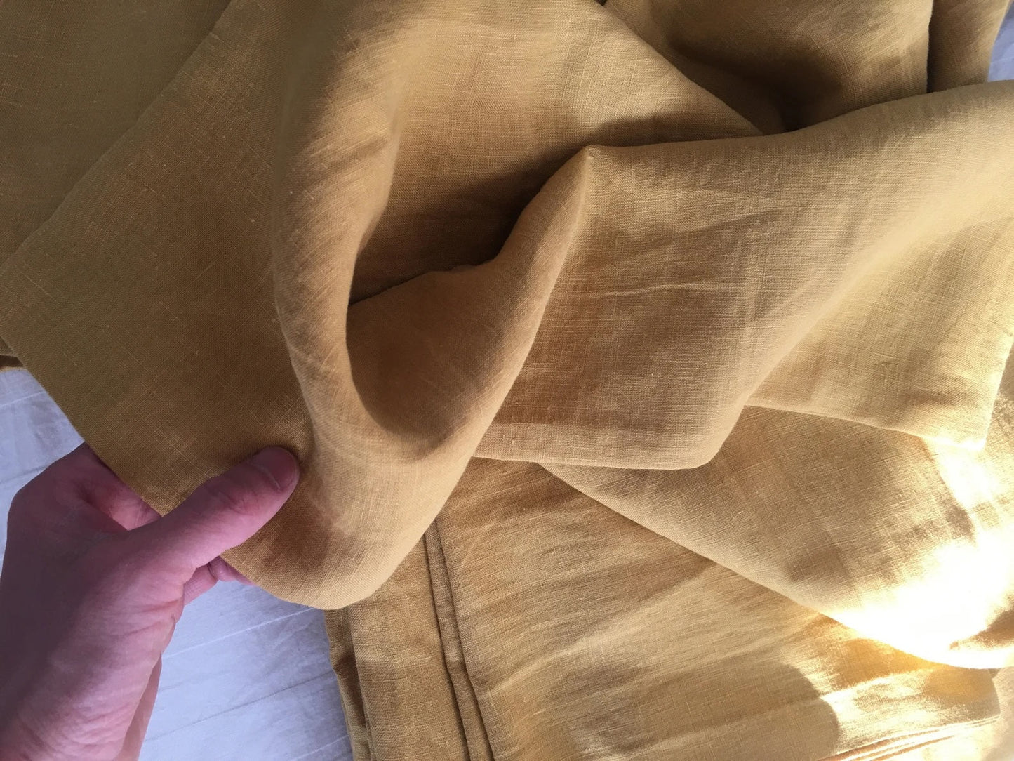 Golden Mustard Linen Fabric by the Meter, Medium Weight, Pre-Washed, Extra Wide 110 Inch