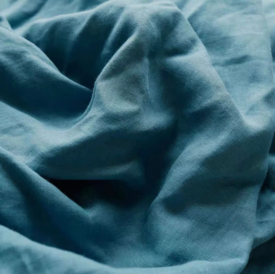 Dusty Teal Blue Linen Fabric by the Meter, Medium Weight, Pre-Washed, Extra Wide 110 Inch