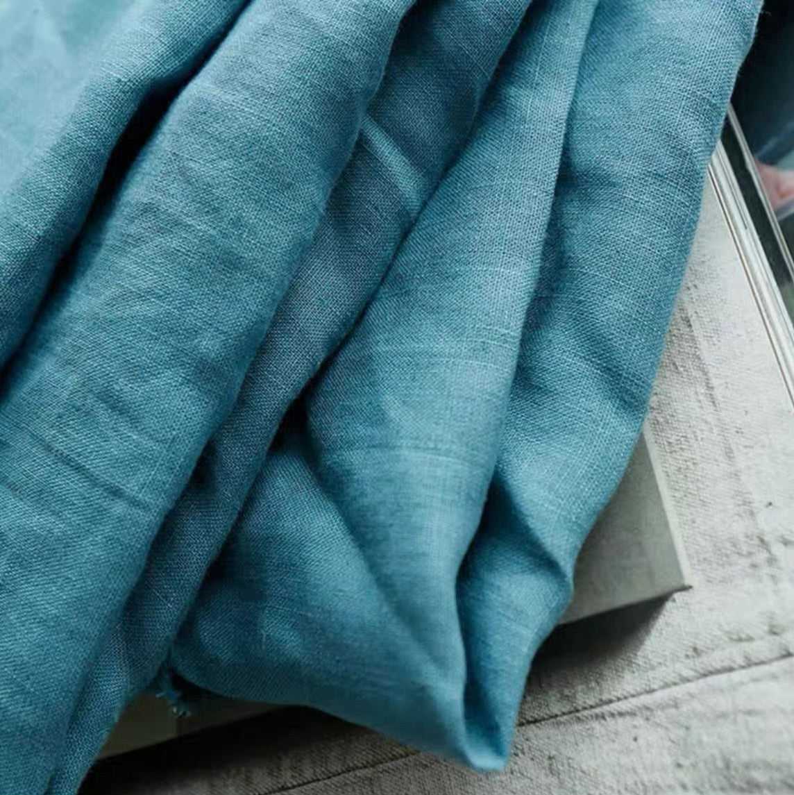 Dusty Teal Blue Linen Fabric by the Meter, Medium Weight, Pre-Washed, Extra Wide 110 Inch