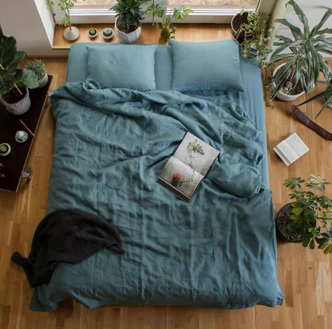 Dusty Teal Blue Linen Fabric by the Meter, Medium Weight, Pre-Washed, Extra Wide 110 Inch