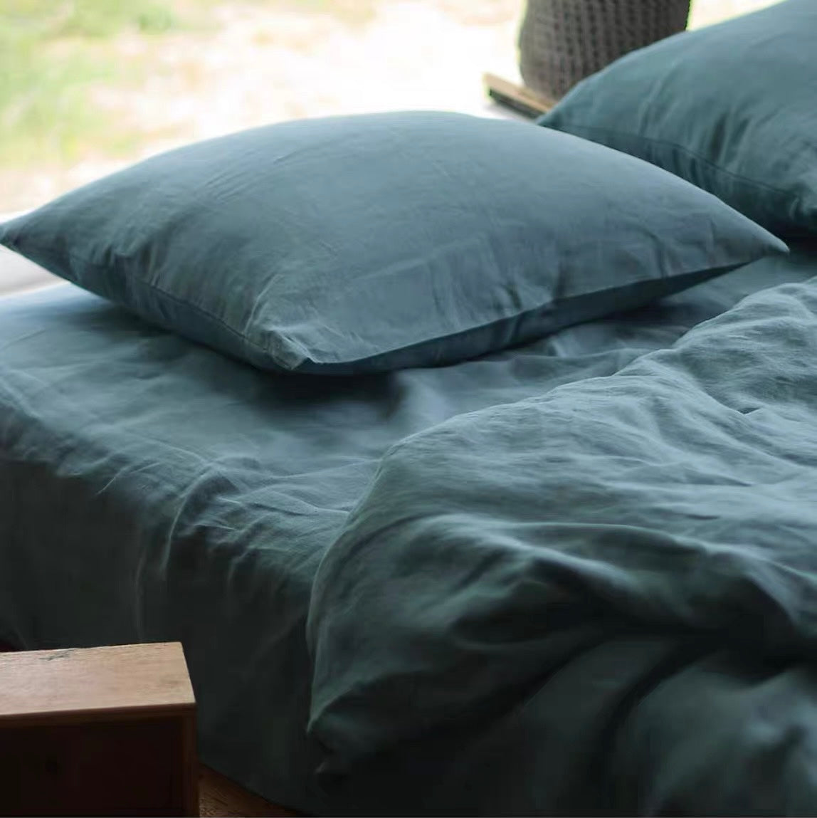 Dusty Teal Blue Linen Fabric by the Meter, Medium Weight, Pre-Washed, Extra Wide 110 Inch