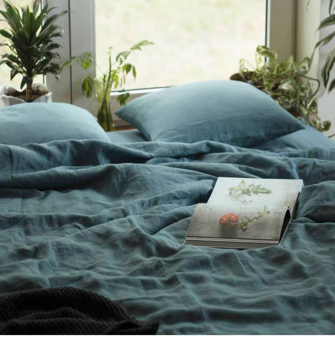 Dusty Teal Blue Linen Fabric by the Meter, Medium Weight, Pre-Washed, Extra Wide 110 Inch