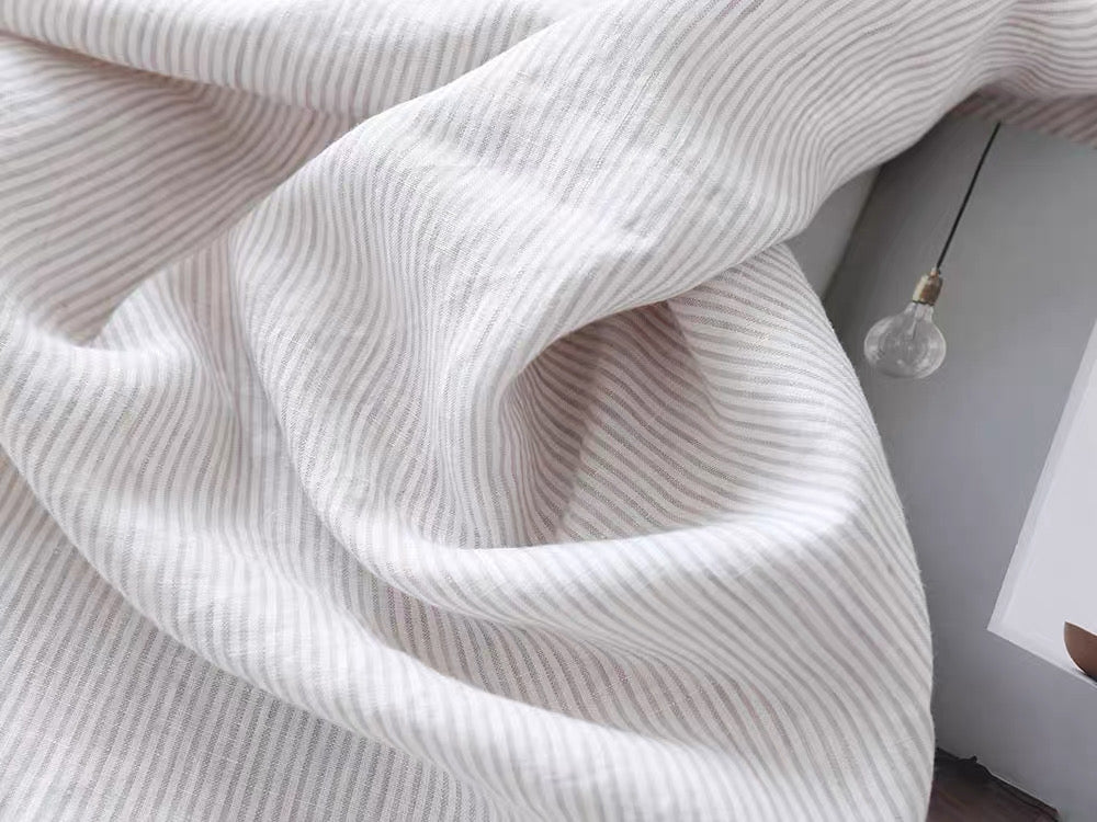 Fine Grey Striped Linen Fabric by the Meter, Medium Weight, Pre-Washed, Extra Wide 110 Inch