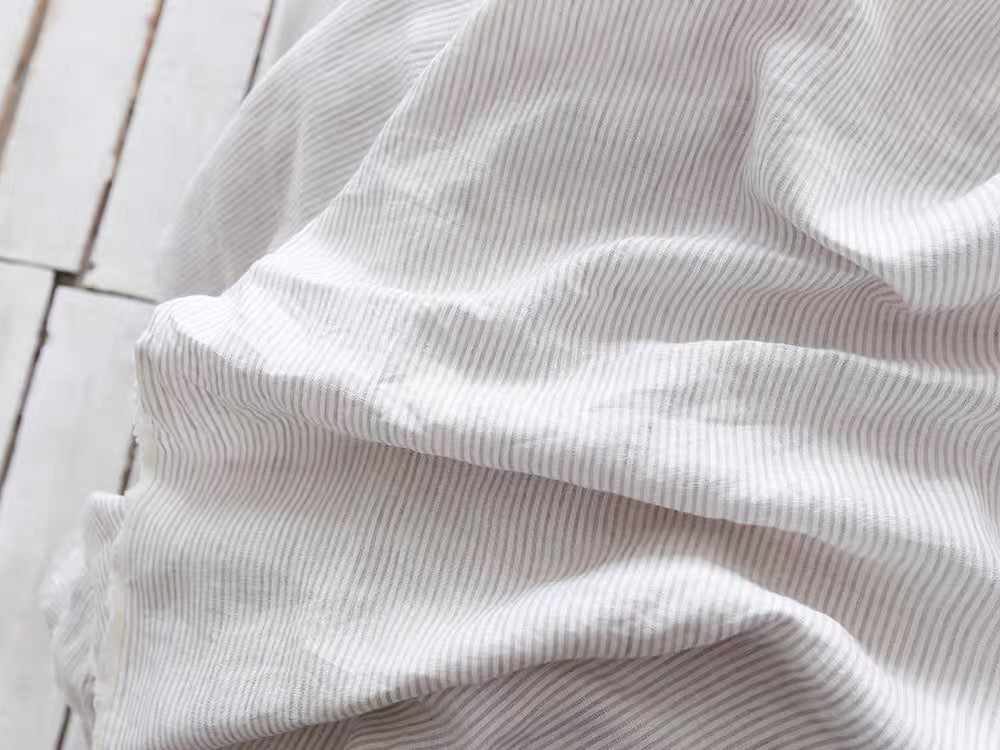 Fine Grey Striped Linen Fabric by the Meter, Medium Weight, Pre-Washed, Extra Wide 110 Inch