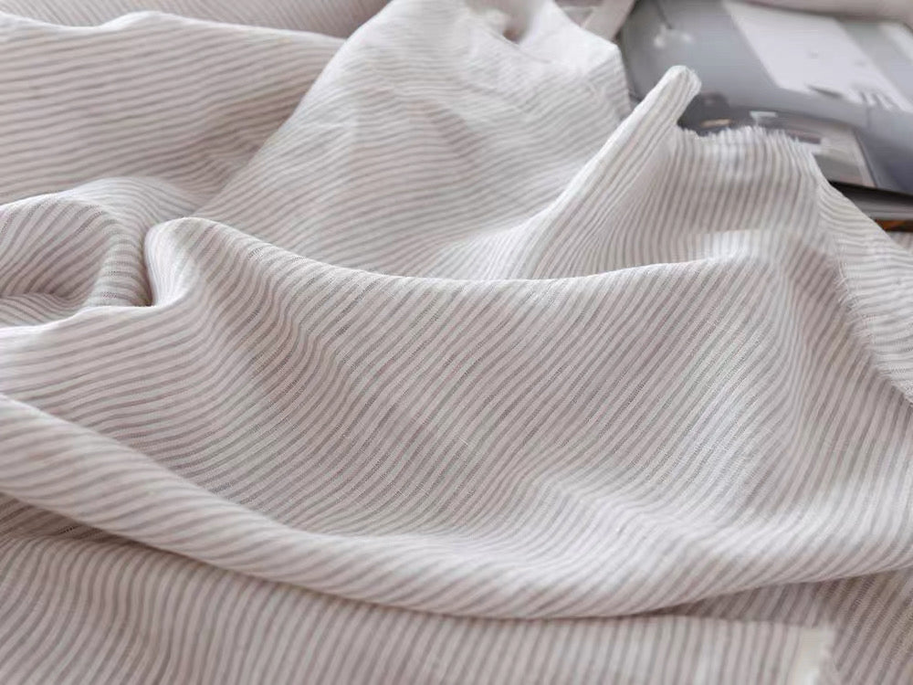 Fine Grey Striped Linen Fabric by the Meter, Medium Weight, Pre-Washed, Extra Wide 110 Inch