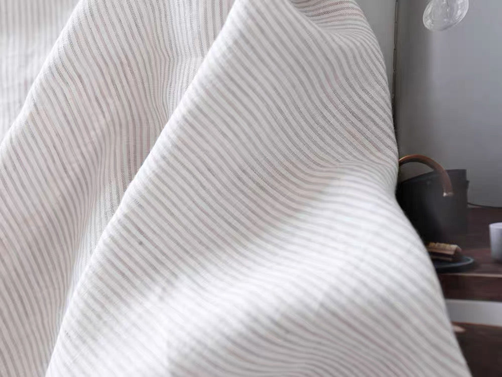 Fine Grey Striped Linen Fabric by the Meter, Medium Weight, Pre-Washed, Extra Wide 110 Inch