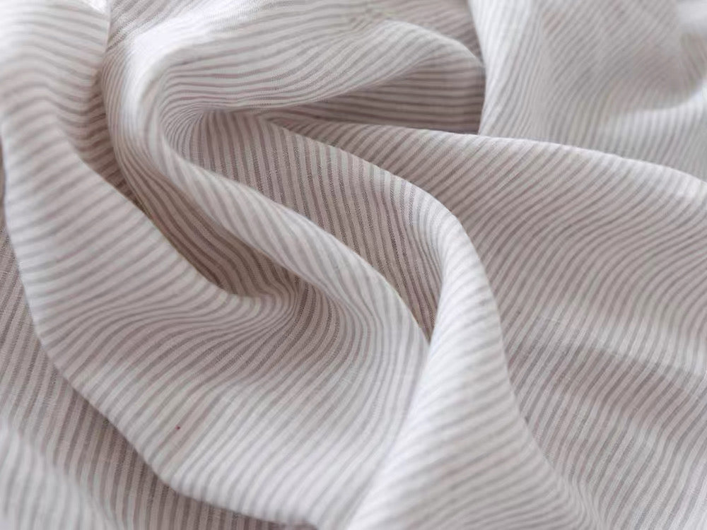 Fine Grey Striped Linen Fabric by the Meter, Medium Weight, Pre-Washed, Extra Wide 110 Inch