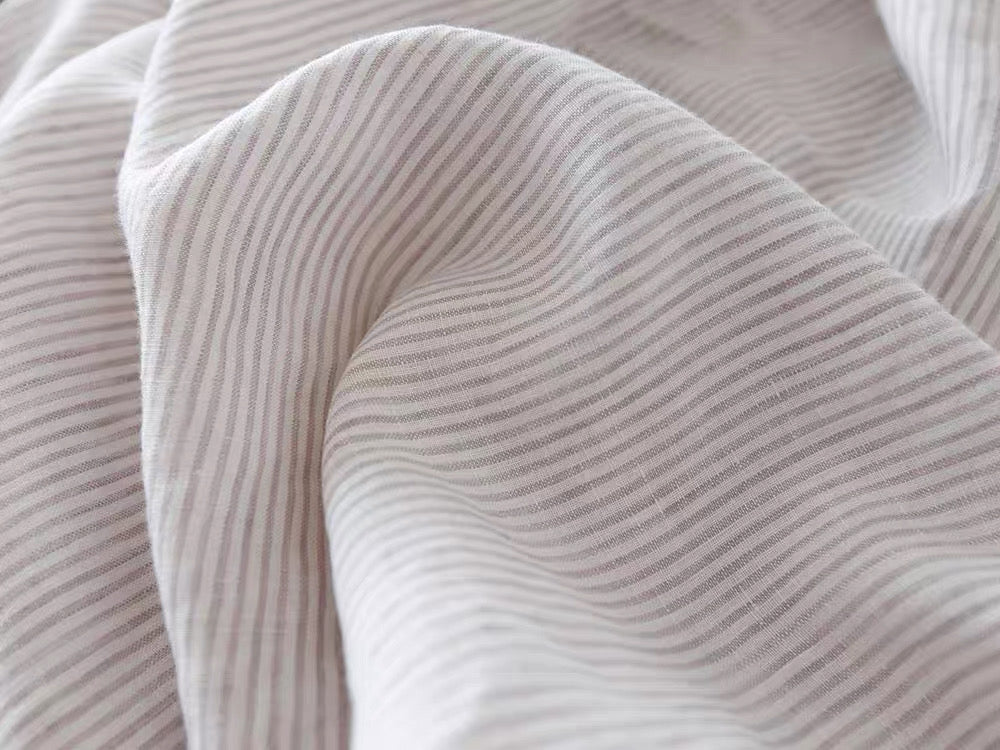 Fine Grey Striped Linen Fabric by the Meter, Medium Weight, Pre-Washed, Extra Wide 110 Inch