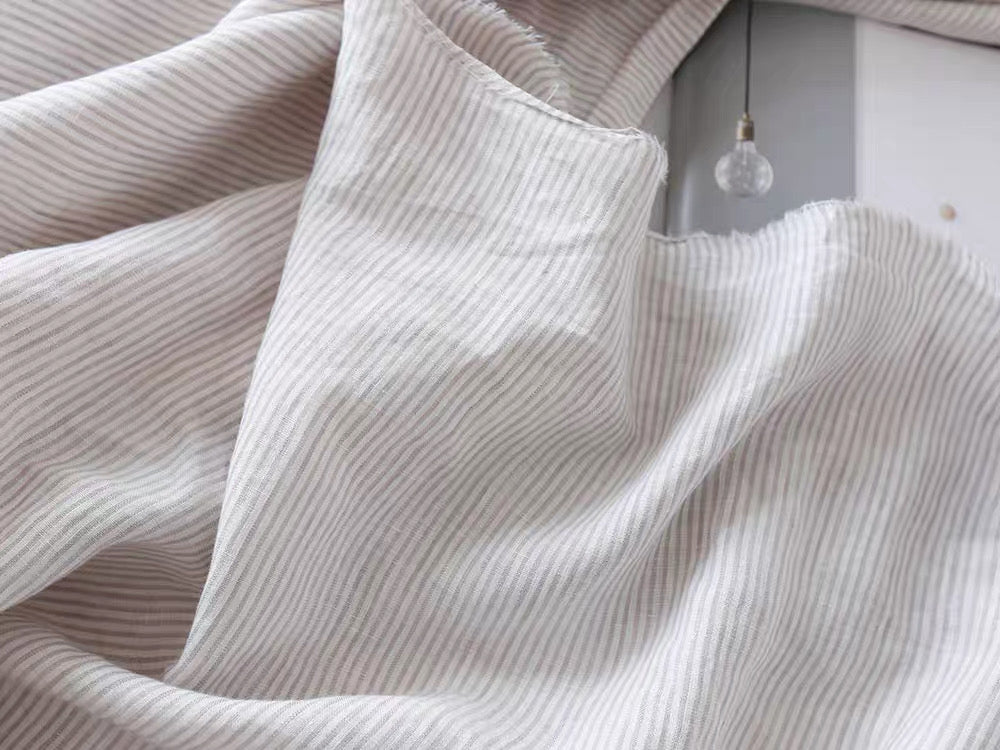 Fine Grey Striped Linen Fabric by the Meter, Medium Weight, Pre-Washed, Extra Wide 110 Inch