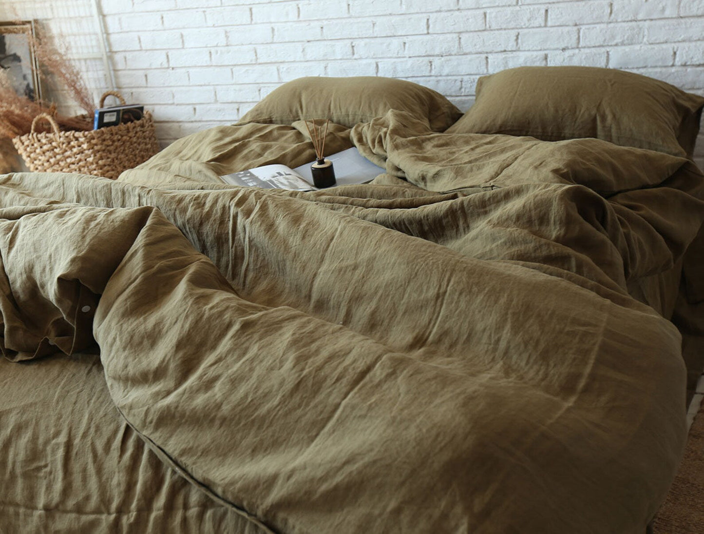 Moss Khaki Linen Fabric by the Meter, Medium Weight, Pre-Washed, Extra Wide 110 Inch