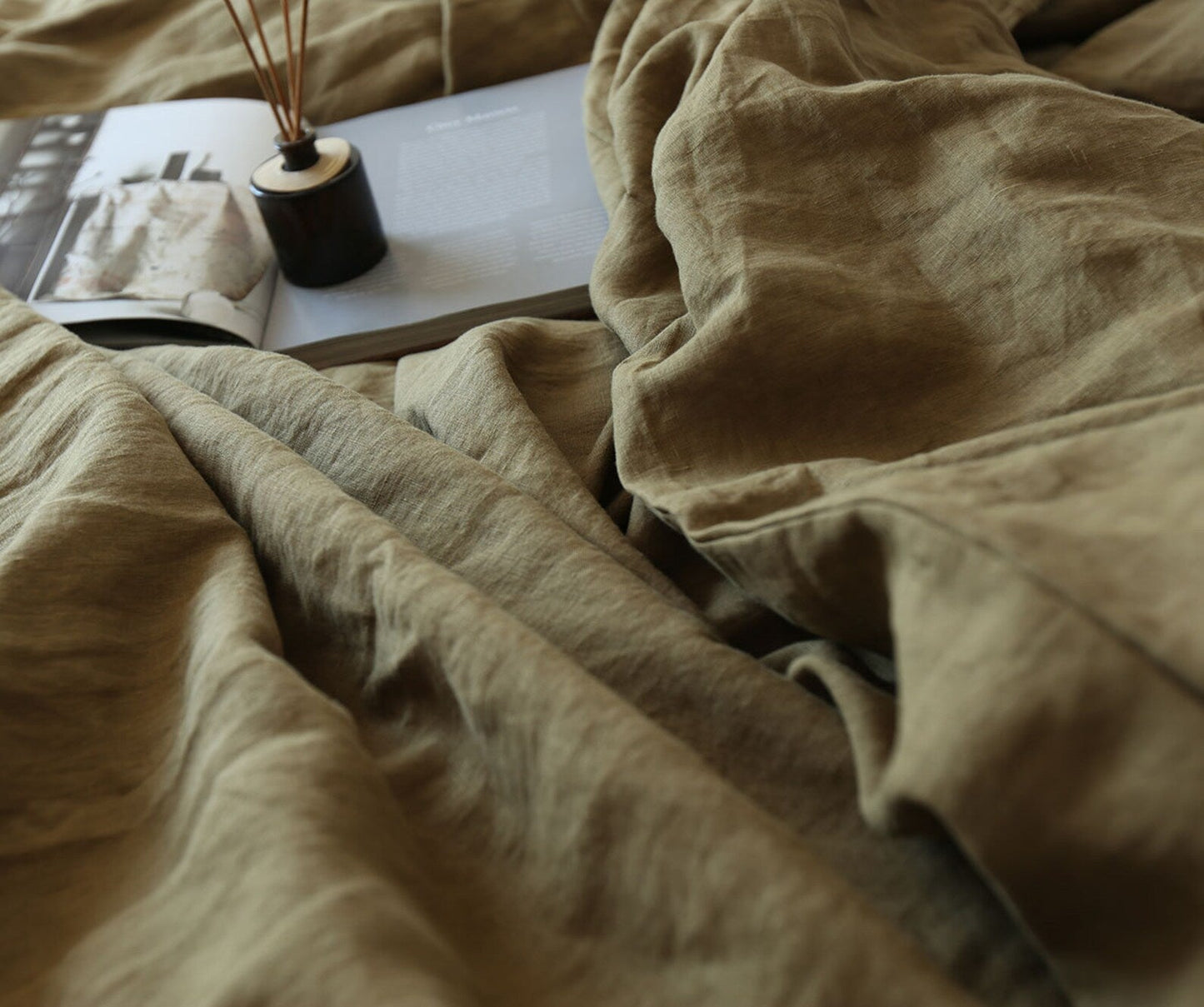 Moss Khaki Linen Fabric by the Meter, Medium Weight, Pre-Washed, Extra Wide 110 Inch
