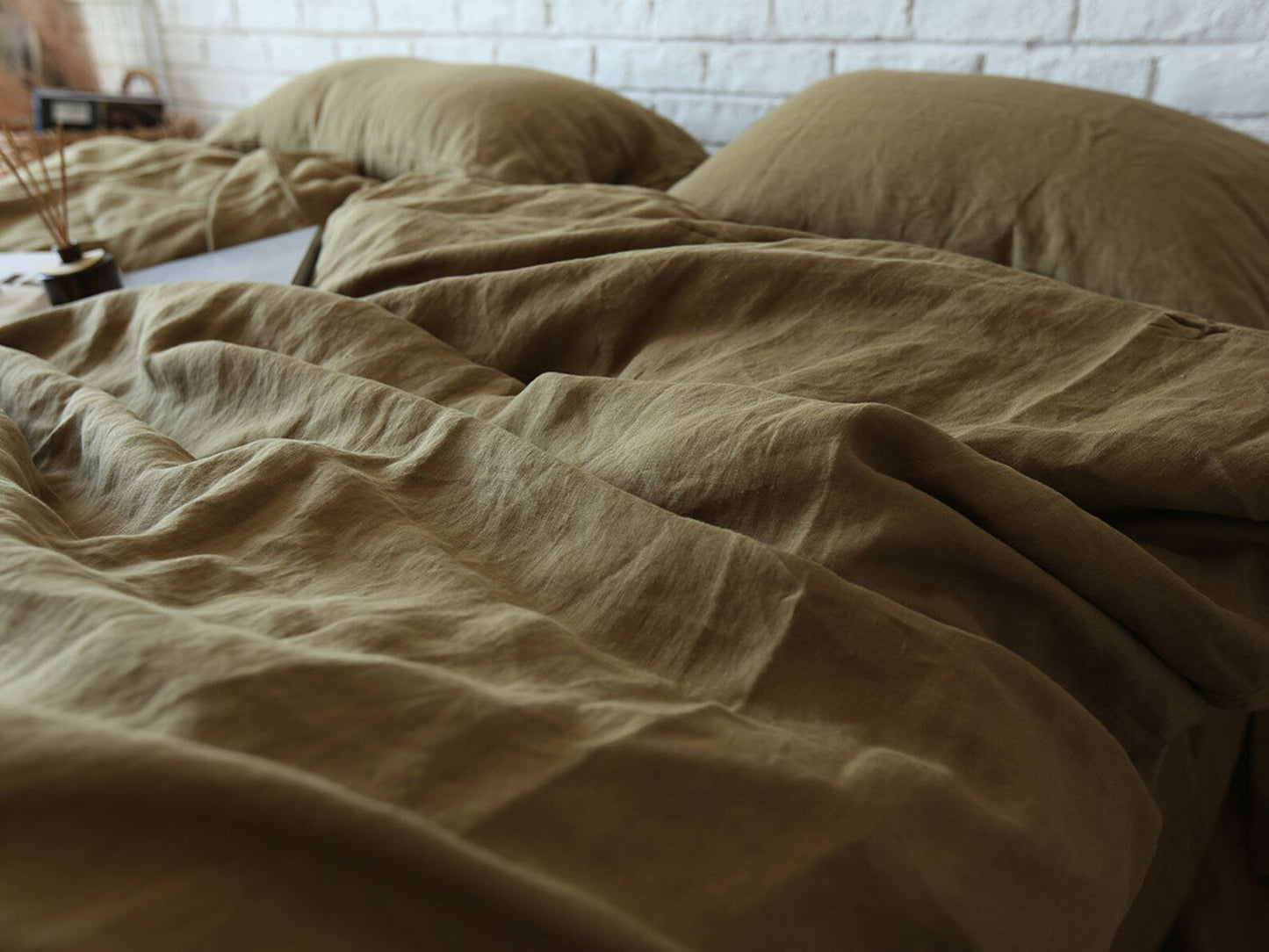 Moss Khaki Linen Fabric by the Meter, Medium Weight, Pre-Washed, Extra Wide 110 Inch