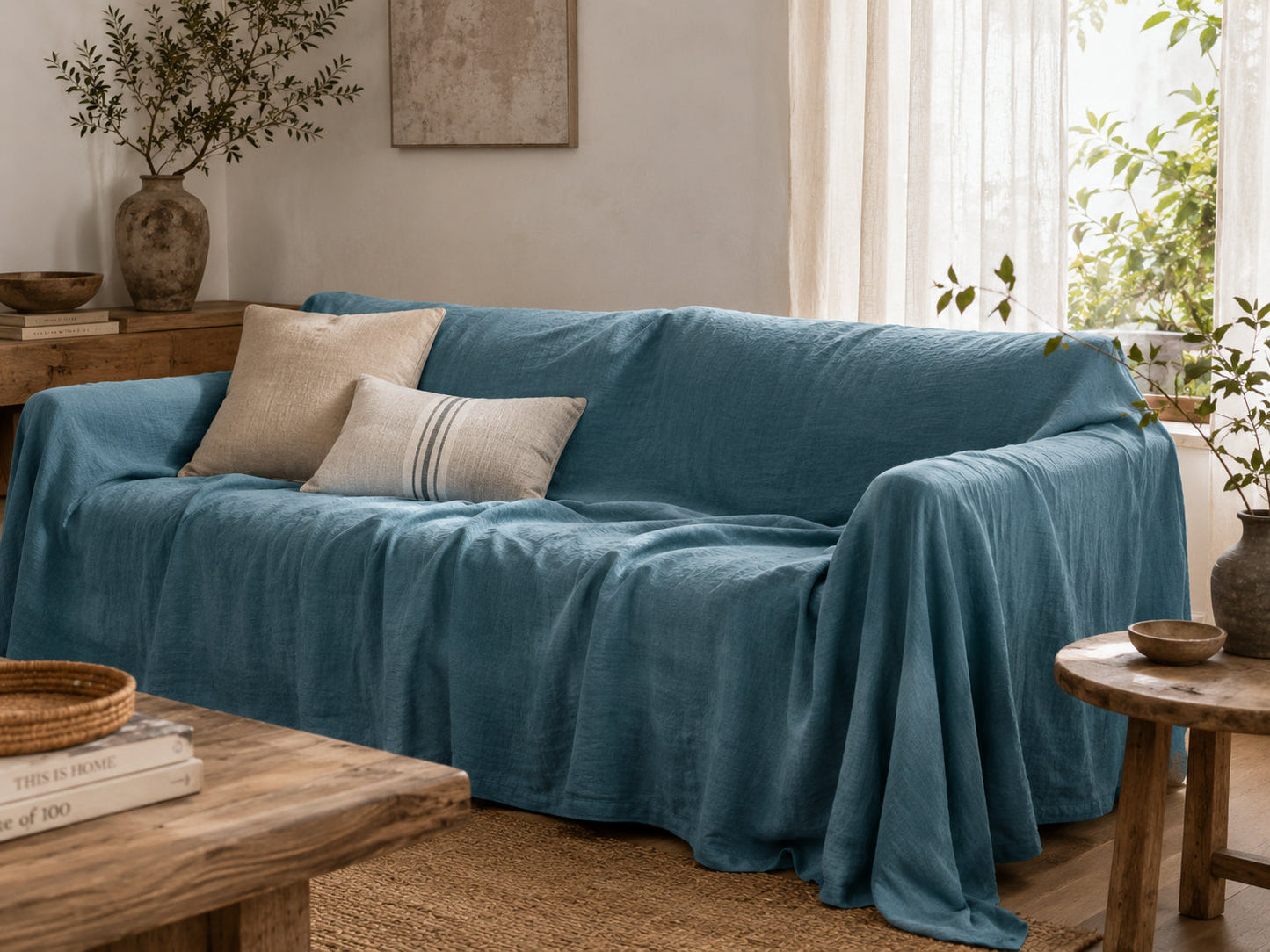 Teal Blue Hemp Fabric by the Meter, Medium Weight, Pre-Washed, Extra Wide 110 Inch