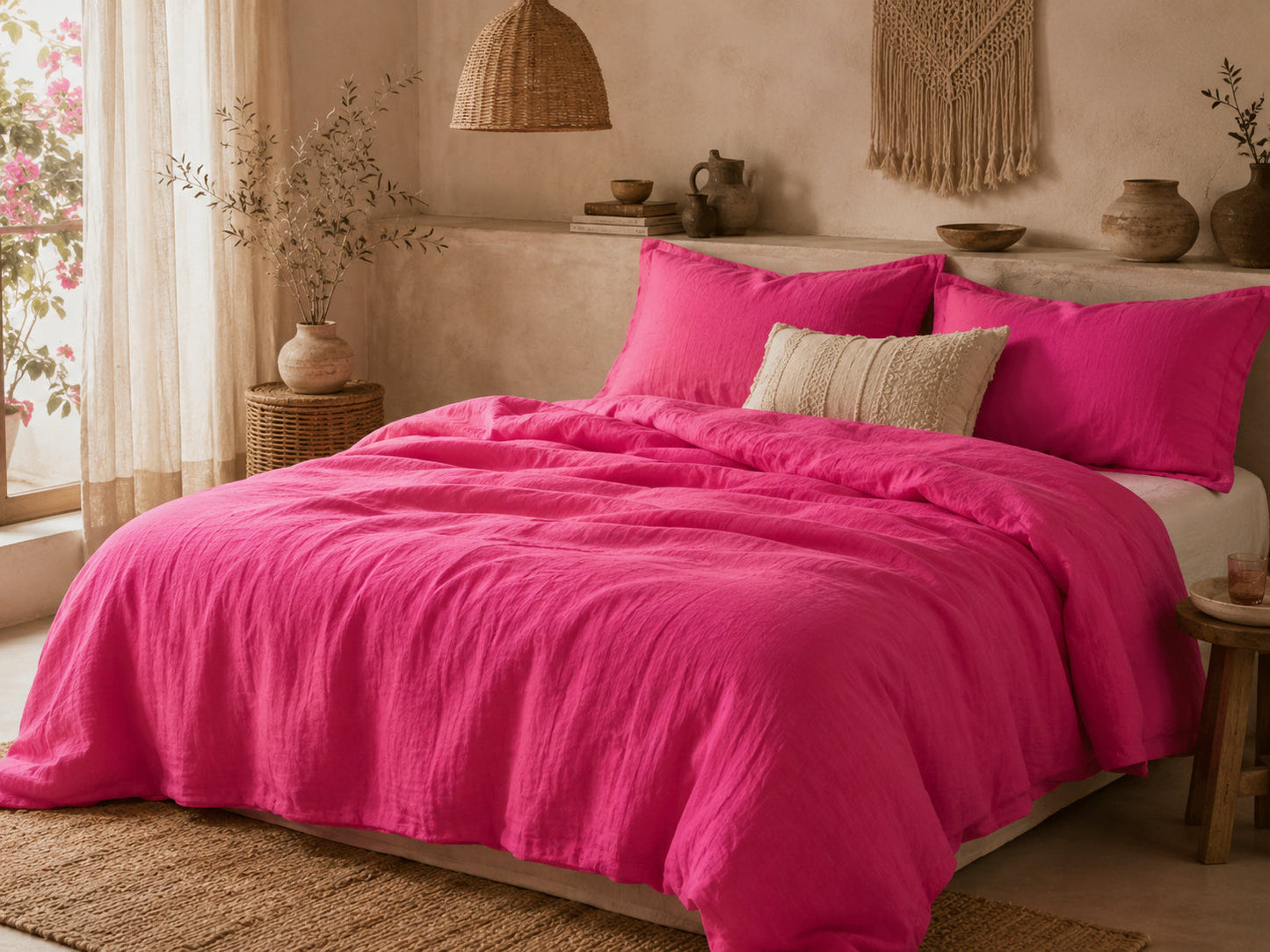 Vivid Fuchsia Pink Hemp Fabric by the Meter, Medium Weight, Pre-Washed, Extra Wide 110 Inch
