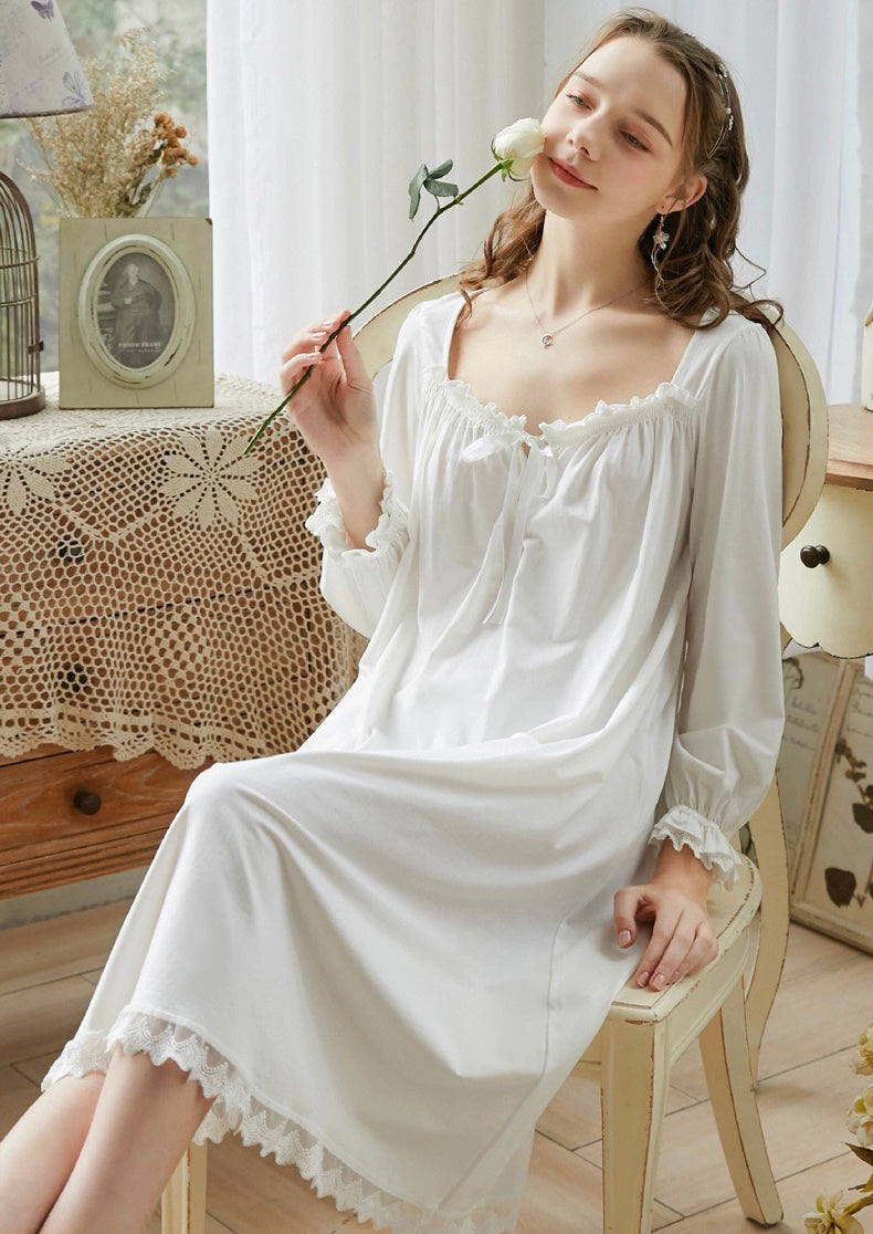 Elegant white night gown, Square neck white dress, Cozy cotton Nightie, Vintage Long Nightgown