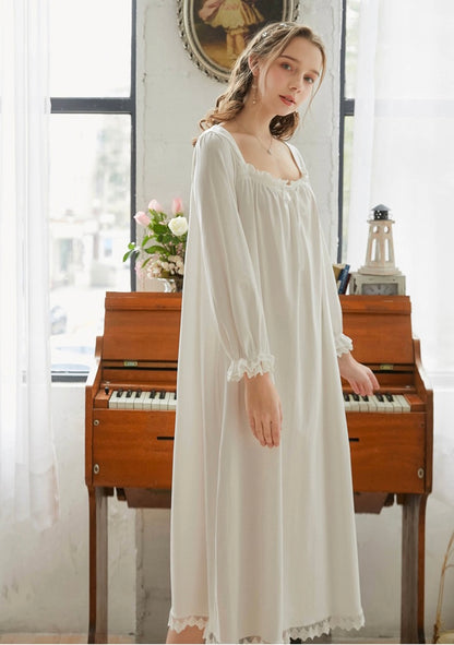 Elegant white night gown, Square neck white dress, Cozy cotton Nightie, Vintage Long Nightgown