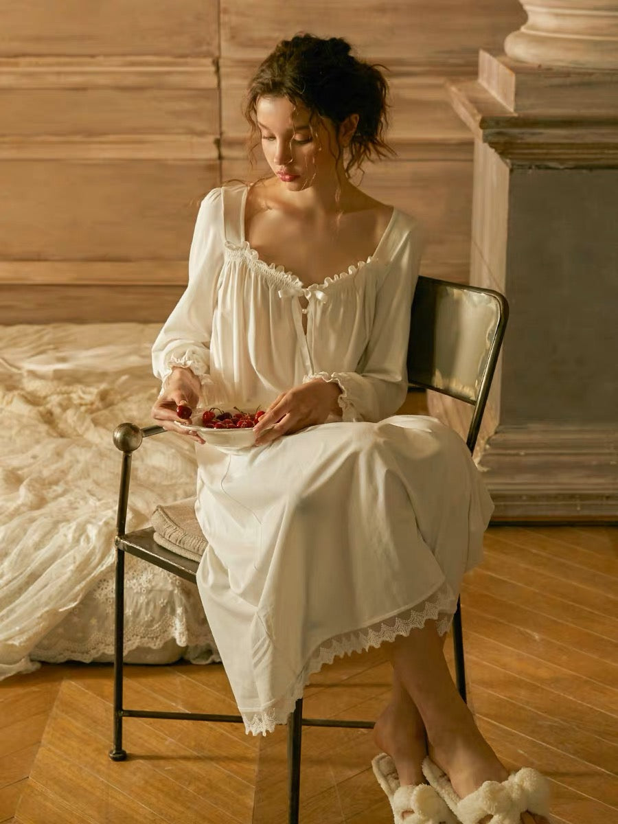 Elegant white night gown, Square neck white dress, Cozy cotton Nightie, Vintage Long Nightgown