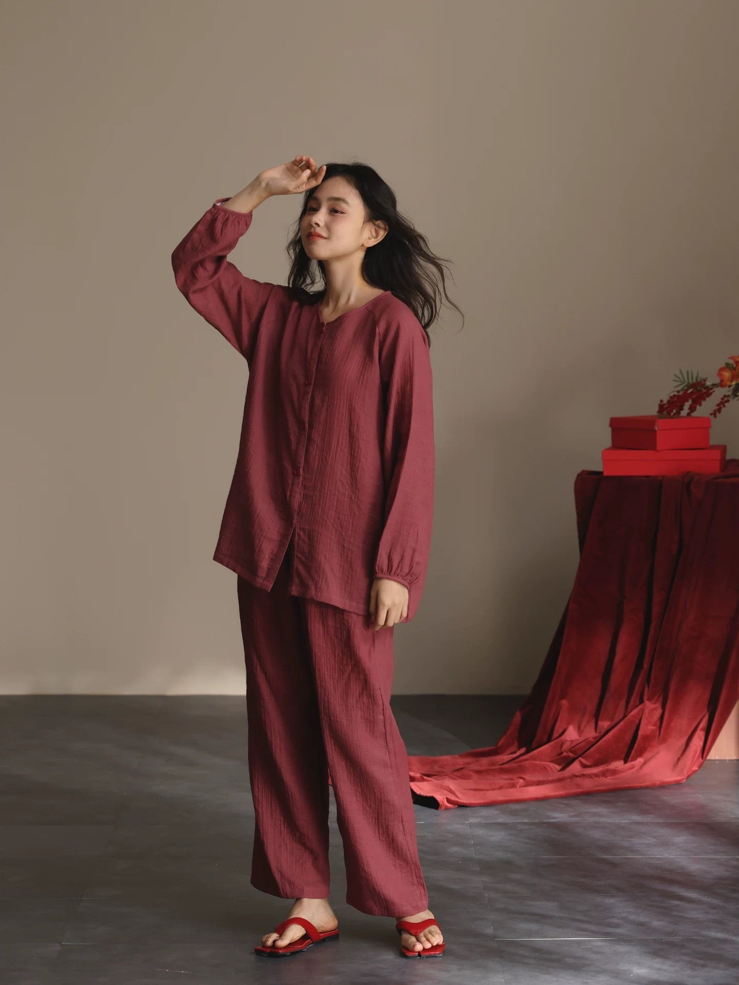 Muted Burgundy Double Gauze Cotton Lounge Set