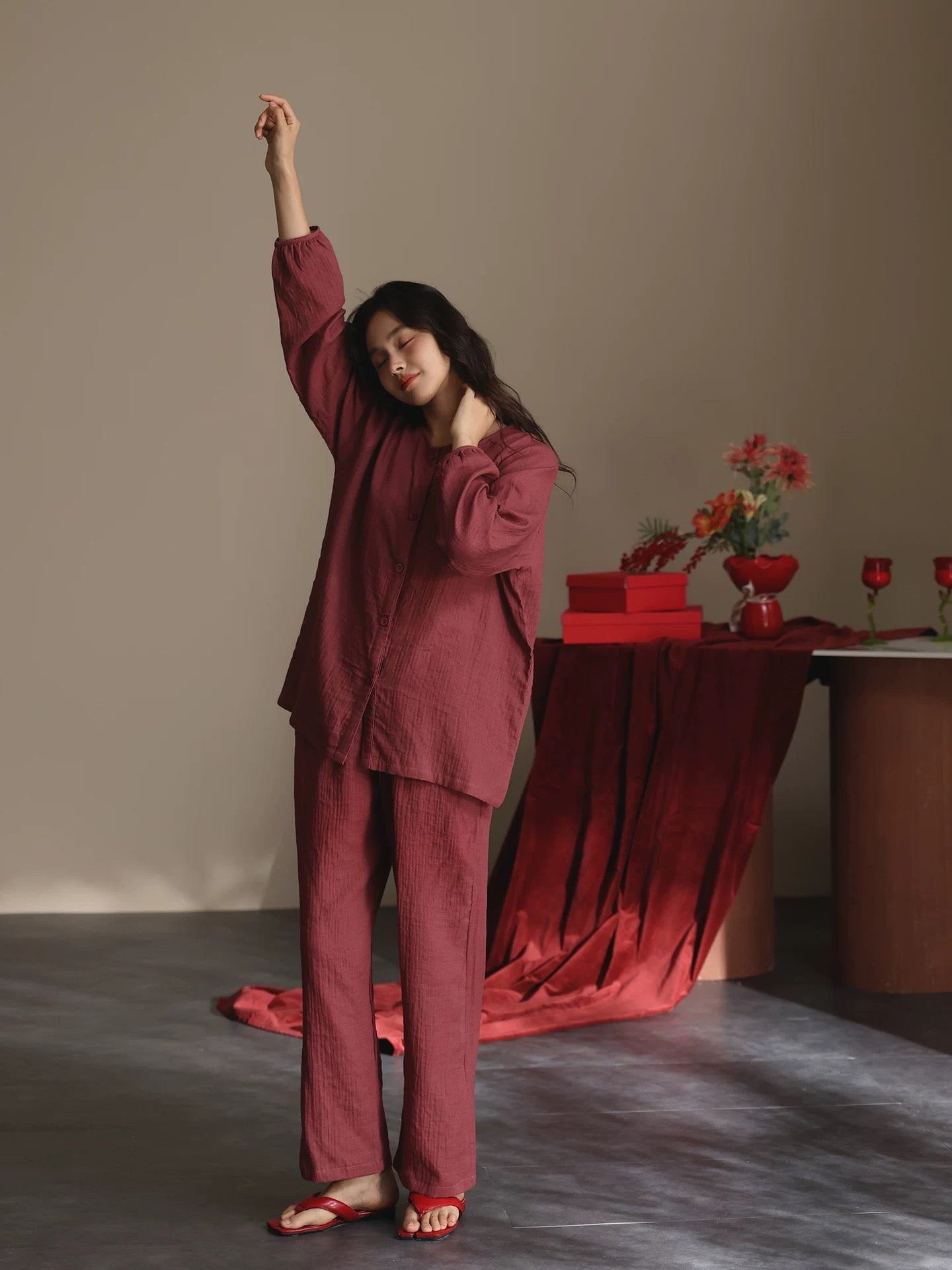 Muted Burgundy Double Gauze Cotton Lounge Set