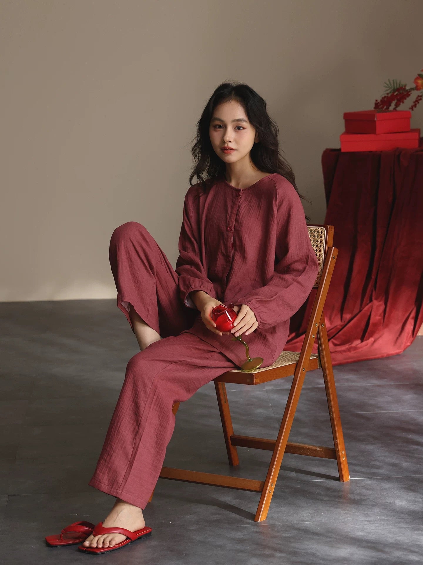 Muted Burgundy Double Gauze Cotton Lounge Set