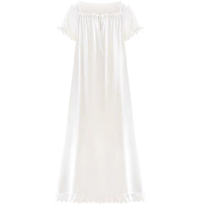 Short Sleeve Elegance: Square Neck White Nightgown Dress - Perfect Valentine's Day Gift!
