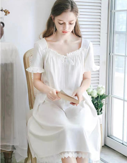 Short Sleeve Elegance: Square Neck White Nightgown Dress - Perfect Valentine's Day Gift!
