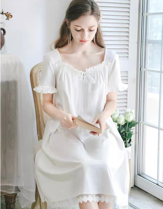 Short Sleeve Elegance: Square Neck White Nightgown Dress - Perfect Valentine's Day Gift!