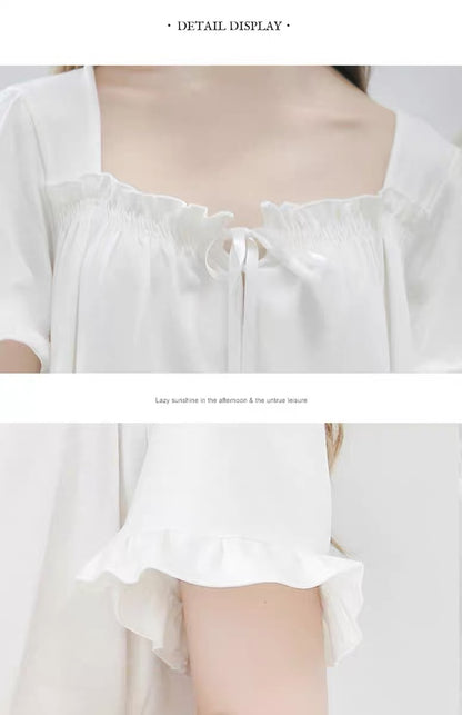 Short Sleeve Elegance: Square Neck White Nightgown Dress - Perfect Valentine's Day Gift!