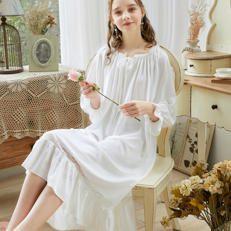 White Lace Deco Dress - Cotton Nightgown for Effortless Elegance and Cozy Loungewear, a Perfect Valentine's Day Gift