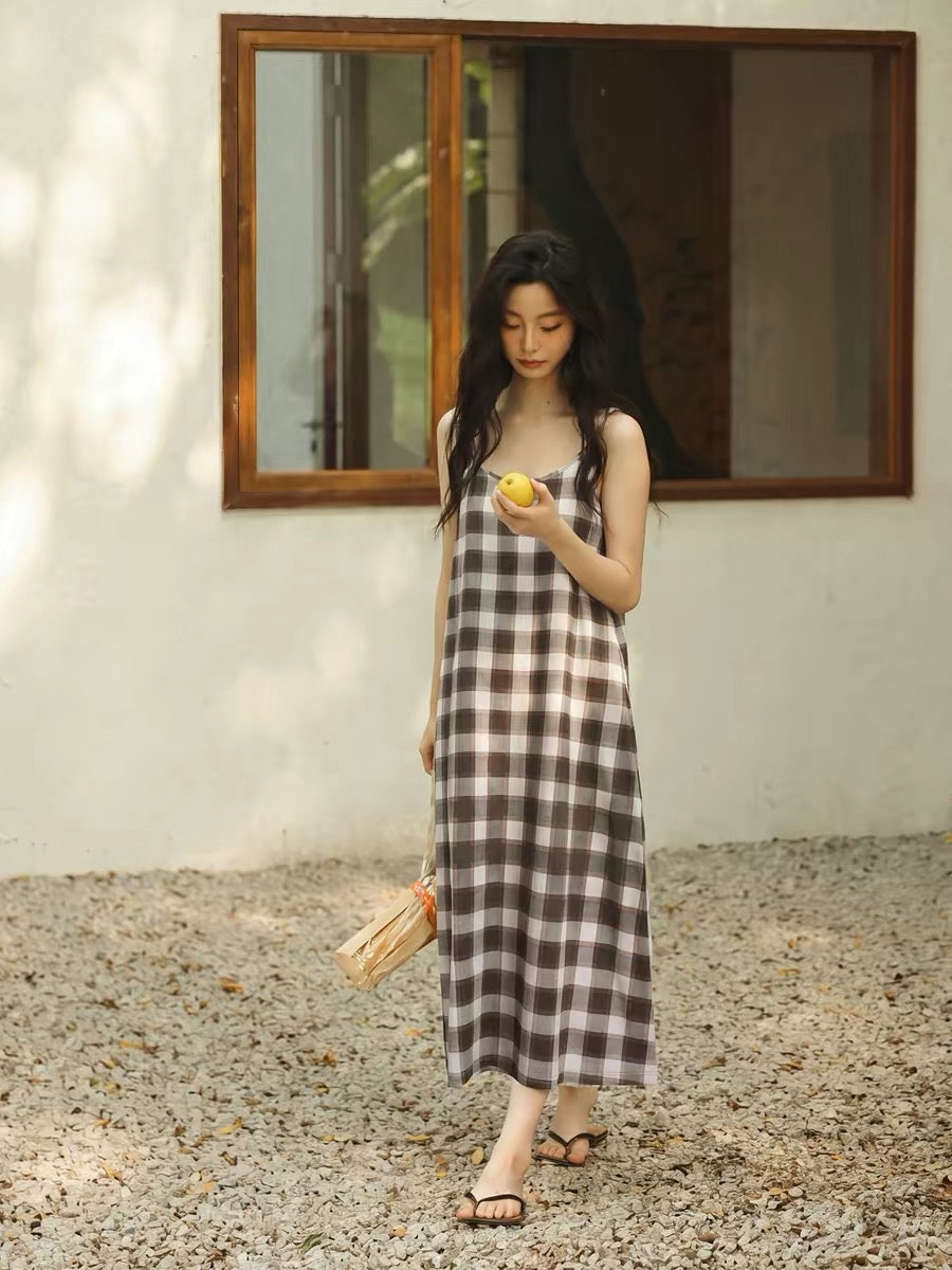 Brown Gingham Cotton Lounge Dress, Slip Dress ETCOZY