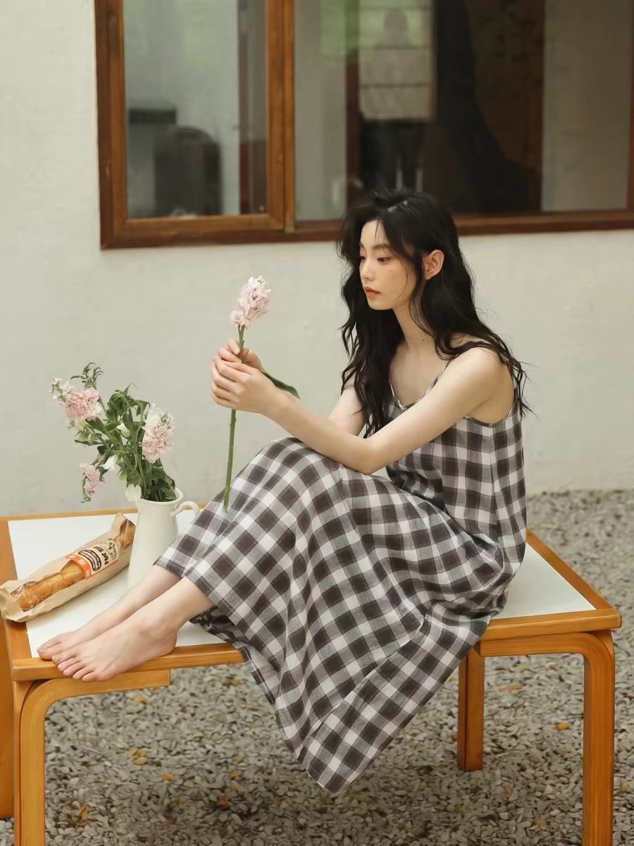 Brown Gingham Cotton Lounge Dress, Slip Dress ETCOZY