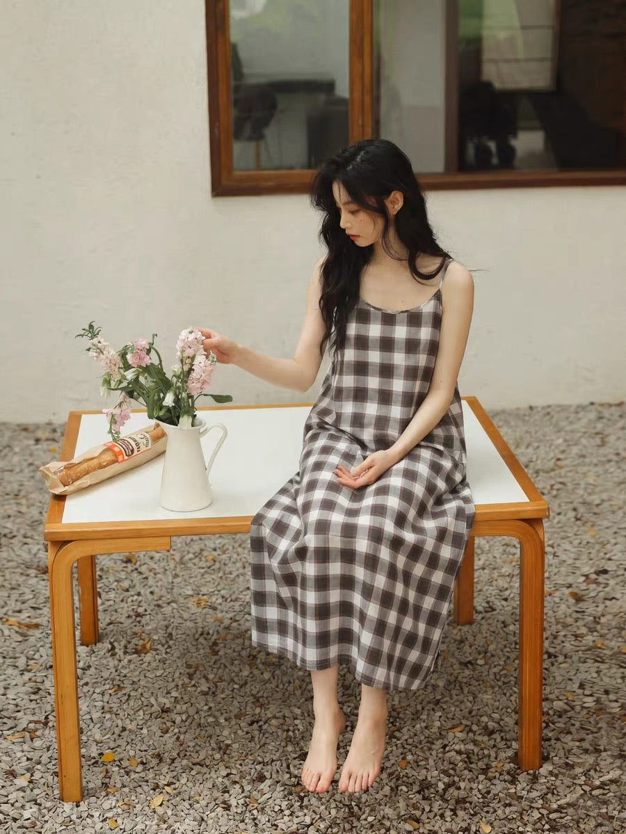 Brown Gingham Cotton Lounge Dress, Slip Dress ETCOZY
